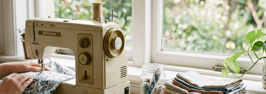 Vintage Bernina sewing machine with fabric, threads, scissors, and pins on a wooden table near a window