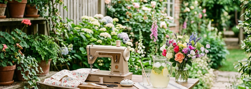 Wooden table with vintage sewing machine, floral fabric, pitcher of lemonade, and flowers in garden setting