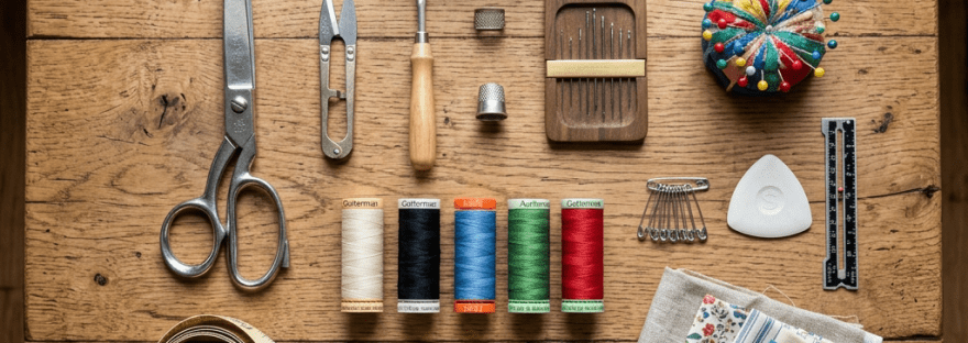Scissors, threads, sewing needles, pincushion, fabric squares, measuring tape, needle case, thimbles and other sewing tools