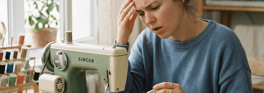 Woman fixing tangled thread on a vintage Singer sewing machine