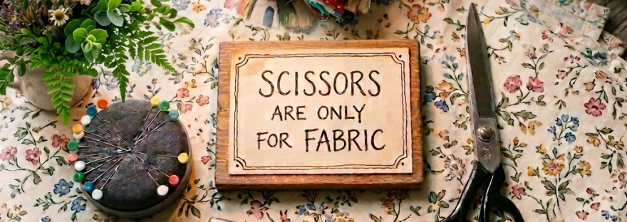Sewing tools on fabric with sign reading “SCISSORS ARE ONLY FOR FABRIC”